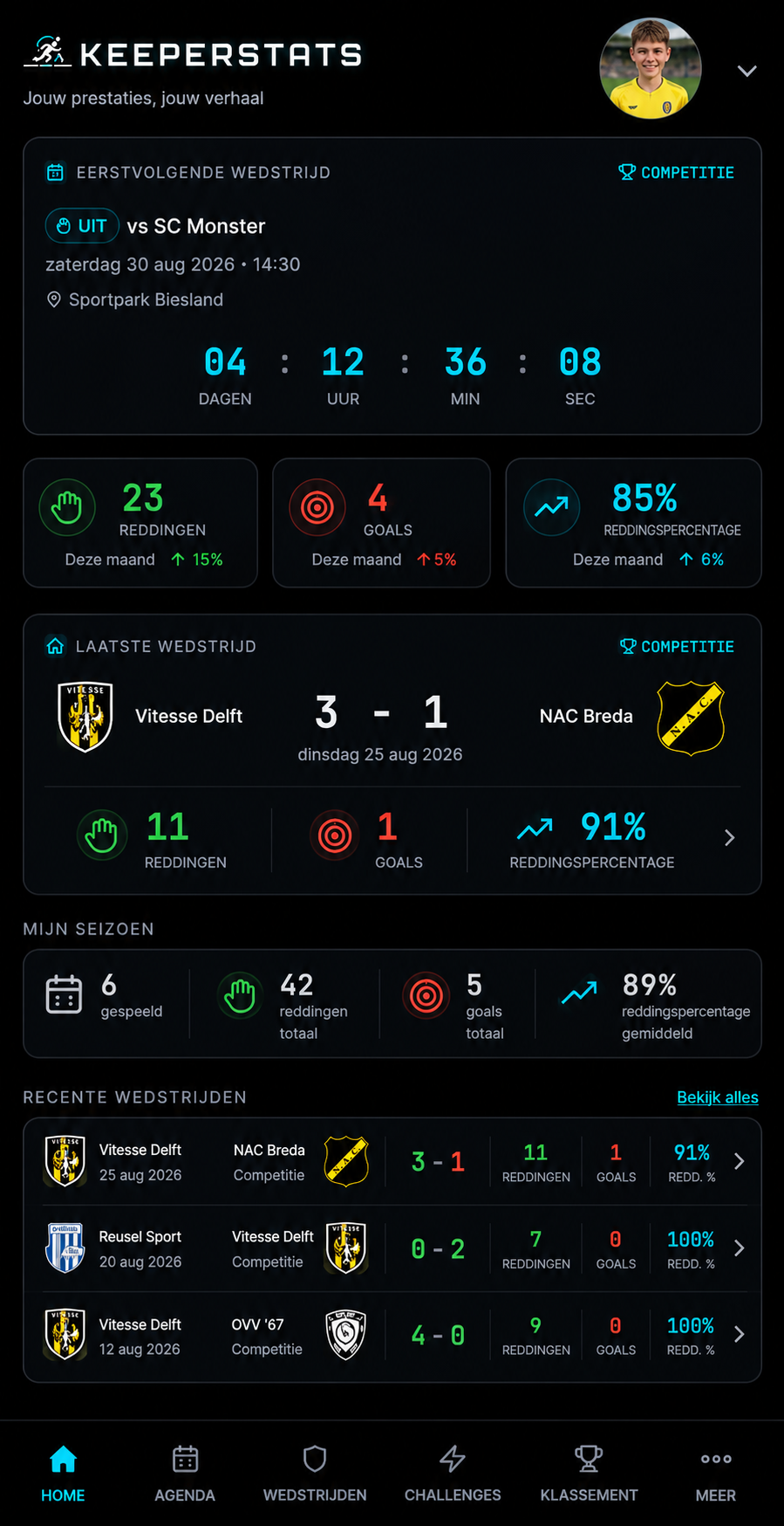 De KeeperStats-app op een telefoon met het homescherm, de volgende wedstrijd en de statistieken van deze maand.